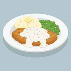 vector flat color of beef fried steak smothered in creamy white gravy with mashed potatoes and a pat of butter alongside green peas