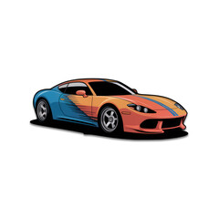 Naklejka premium Sleek orange and blue sports car illustration on white background showing low profile coupe body racing stripes shiny wheels and performance style for automotive poster sticker and wall print