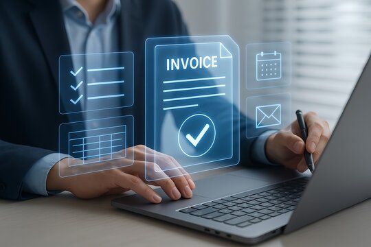Invoice automation technology with businessman using laptop computer showing digital hologram interface for secure billing records electronic receipt management financial report data analysis 