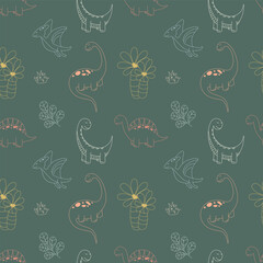 Cute Dino and Tropical Plant Repeat Pattern for Kids © Mariana