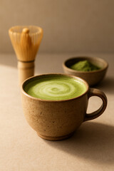 Rustic Ceramic Cup Matcha Latte with Bamboo Whisk – Front View