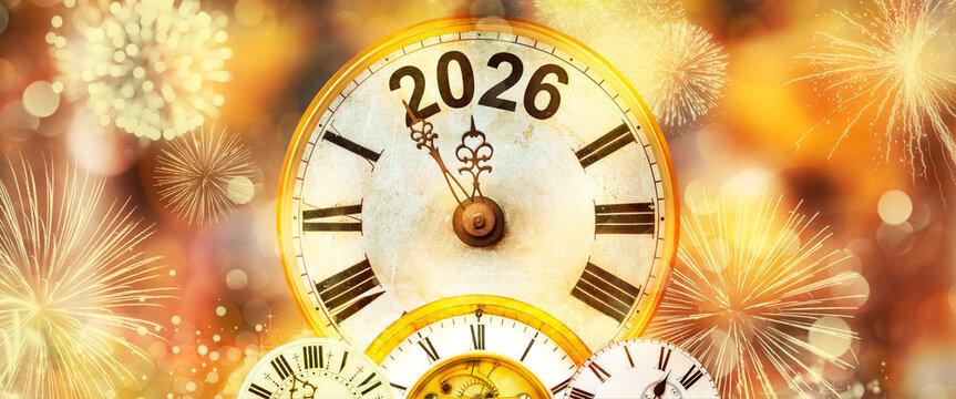 2026 New Year with clock counting down to midnight with golden background and fireworks