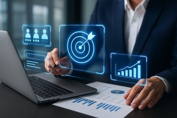 Professional businessman digital marketing solutions with hologram dashboard showing business growth arrow target customer rating performance analytics report graph data strategy corporate decision