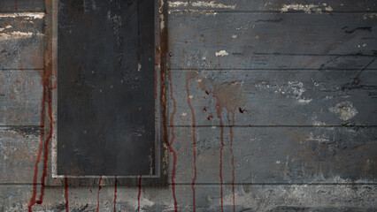 View of an old wooden window on the grungy wall with splatters of blood drops, blood splashes, or blood spots. Mockup or Copy space. Halloween wallpaper or background