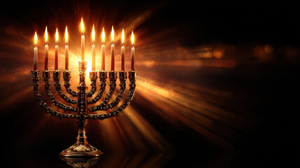 Fototapeta premium Beautiful menorah with glowing candles symbolizes Hanukkah for interfaith families, creating warm and inviting atmosphere