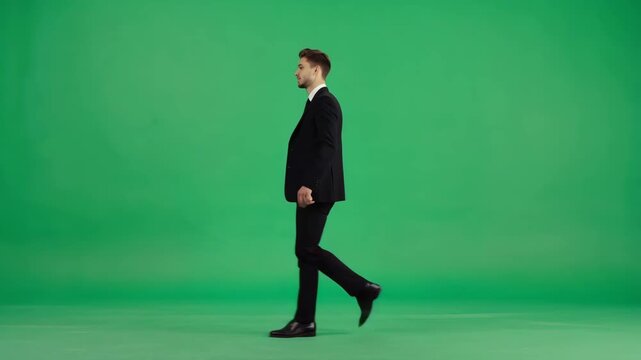 Mann geht auf Chroma Key Greenscreen &ndash; freistellbares Videomaterial mit gr&uuml;nem Hintergrund