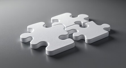 Three White Puzzle Pieces Interlocking on Grey Background Teamwork, Connection, and Solution Concept