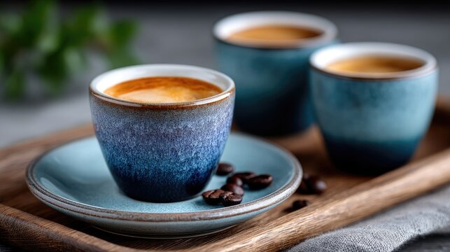 Three Espresso Cups on Wooden Tray with Coffee Beans in Cinematic HDR Lighting and Shallow Depth of Field Blue and White Ceramic Cups