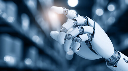 Robotic hand with articulated fingers pointing forward in a high-tech environment