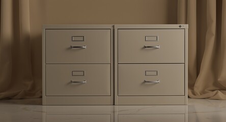 Two Beige Metal Filing Cabinets with Silver Handles in Minimalist Setting