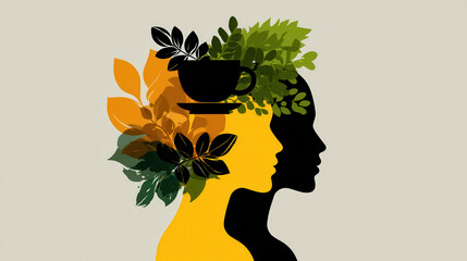 This artistic illustration features two female profiles intertwined with vibrant foliage and coffee cup, symbolizing connection of women in coffee supply chain