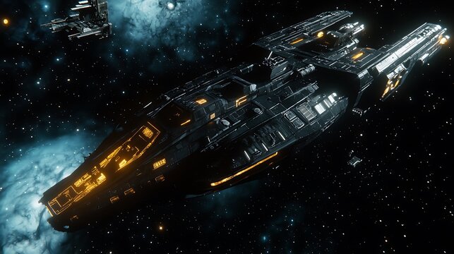 A massive spaceship is seen flying through the vast expanse of space, its powerful engines propelling it forward through the darkness - Powered by Adobe