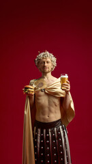 Roman man in toga smiling with beer glass and burger in hands. Concept of fast food advertising, restaurant branding, lifestyle promotion, and playful creative marketing visuals.