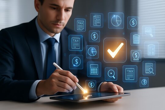 Businessman on tablet using digital financial tax management hologram application system with icons showing calculation secure report compliance accounting receipt statistics payment approval - Powered by Adobe