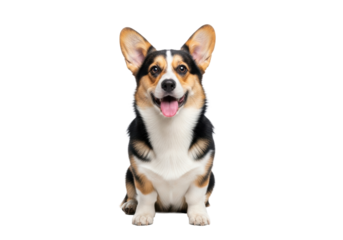 Young adult tri-color Pembroke Welsh Corgi dog with short legs, fluffy coat, perked ears, sitting upright on a transparent studio background, conveying pure pet happiness and companionship