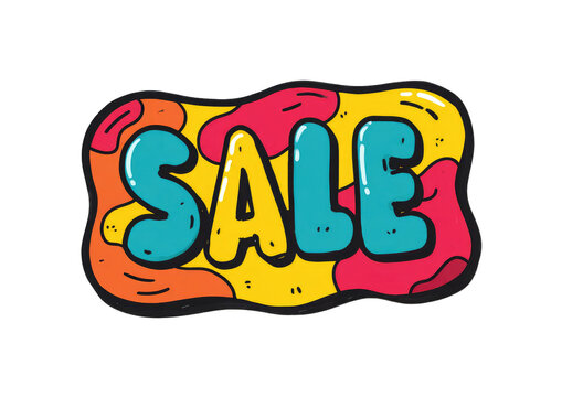 Cartoonish sale banner with bubble letters and colorful shapes