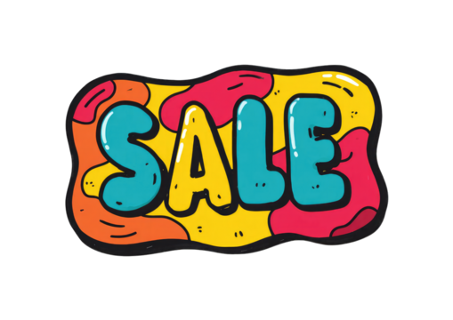 Cartoonish sale banner with bubble letters and colorful shapes