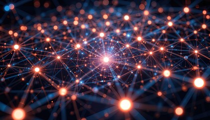 Obraz premium A network of interconnected glowing points, emitting brilliant orange and blue lights, creates a complex and dynamic visual representation of data flow and connections.