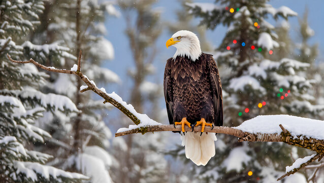A close-up of a majestic bald eagle perched on a snow-covered branch. The bird looks away, revealing its bright eyes, powerful beak, and lush white feathers on its head and tail. Surrounding it is a s