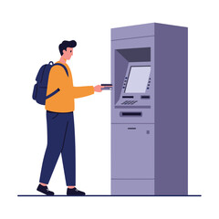 Vector art of young man with backpack inserting credit card into atm