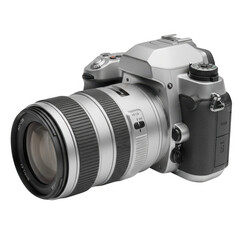 Professional digital slr camera with telephoto lens isolated on transparent background