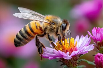 Honeybee Pollinating a Purple Aster Flower Closeup