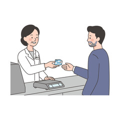 Fototapeta premium Vector art of pharmacist handing a small package to a customer over a counter with a scale