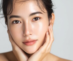 Fototapeta premium Close-up portrait of a woman with radiant, flawless skin, showcasing a healthy, natural glow. Her delicate features and soft complexion are emphasized by gentle lighting and a neutral background.