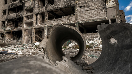 ruined street and destroyed houses the city Kiev war in Ukraine