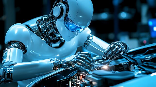 A skilled robot mechanic works diligently on a car engine in a futuristic workshop, showcasing precision and advanced technology