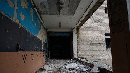 ruined street and destroyed houses the city Kiev war in Ukraine