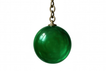 Green wrecking ball hanging from metal chain, conceptualizing demolition, power, and destruction, transparent background