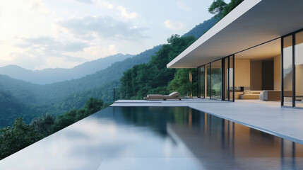 Fototapeta premium Perspective of modern building with terrace and swimming pool on mountain view background