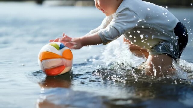 幼児がボールを追って水の中に入ってしまっています。水難事故防止