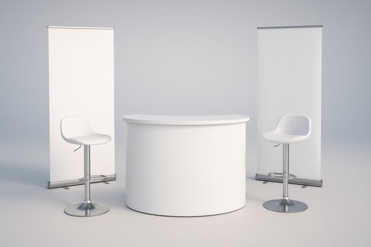 Modern white trade show booth awaits branding, featuring sleek design with two blank banners and bar stools for events