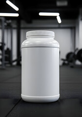 Empty white supplement bottle in a gym setting. Standing upright on a black gym floor. Generic product, potential for branding.