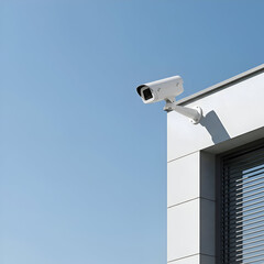 White security camera mounted on a light gray building corner against a clear sky. Security camera positioned for surveillance of the exterior of the building.