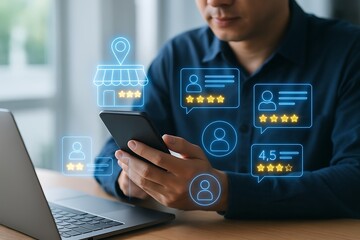 Customer review feedback with holographic smartphone system displaying rating stars comments reputation satisfaction service trust loyalty opinion recommendation user experience 