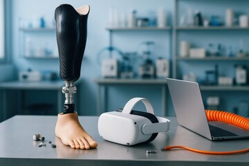 Sleek carbon fiber prosthetic leg, realistic foot, VR headset, and laptop stand ready in a bright innovation lab, representing future medical technology