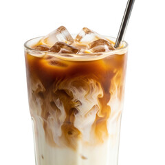 Refreshing iced coffee with cream and ice cubes isolated on transparent background
