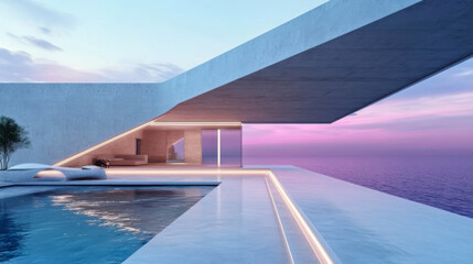 Fototapeta premium Abstract architectural concrete interior of a modern villa on the sea with swimming pool and neon lighting