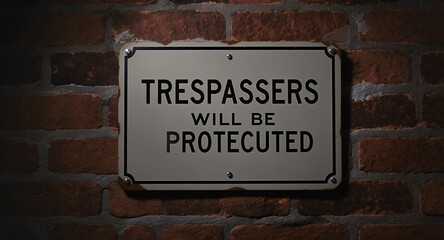 Fototapeta premium A vintage metal sign with a warning message against trespassing, mounted on a brick wall.