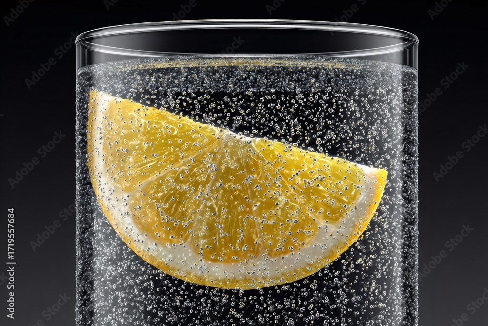 Poster lemon slice immersing in sparkling water with rising bubbles, creating a refreshing and effervescent