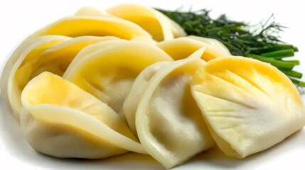 白い背景に黄色い水餃子とディル