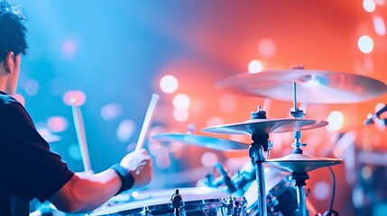Asian Man Playing Drums on Stage with Colorful Lights