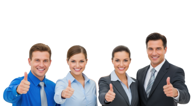 Four business professionals smiling and giving thumbs-up, with a blurred diverse cheering crowd in a bright white studio setting. Concept of successful teamwork and achievement