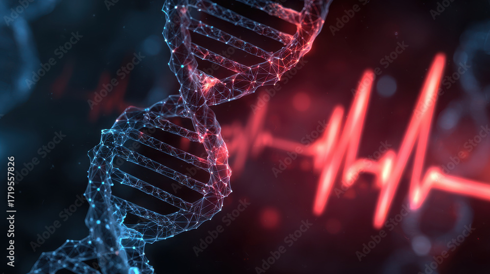 Poster digital representation of dna double helix intertwined with heartbeat signal, showcasing connection 