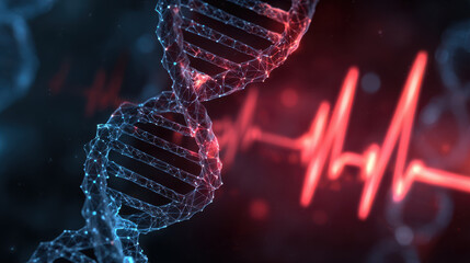 Digital representation of DNA double helix intertwined with heartbeat signal, showcasing connection between genetics and health in vibrant design