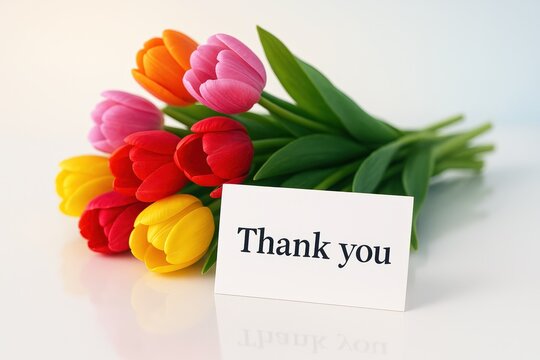 Vibrant colorful tulips beautifully displayed alongside a heartfelt 'Thank You' card, conveying deep gratitude and appreciation for special moments