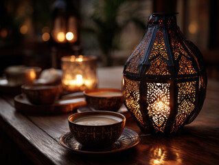 Beautiful lantern illuminates cozy setting with coffee in different cultures, creating warm and inviting atmosphere